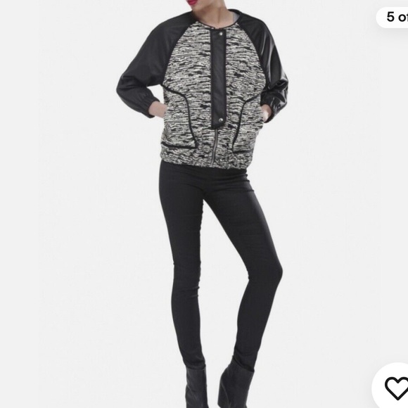 IRO Jett Zip Up BOUCLE tweed Leather Moto Jacket •34/XS black white marbled - Picture 5 of 9